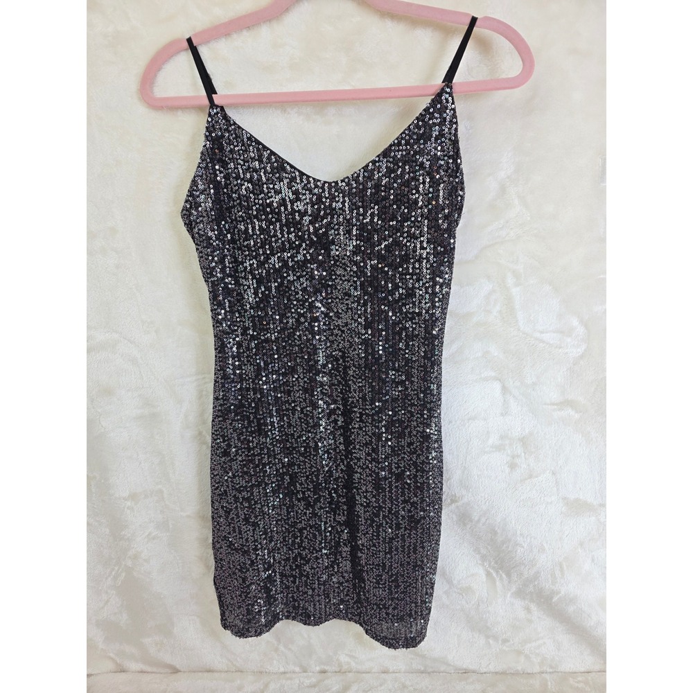 IRIS Black Sequin Mini Bodycon Dress Womens Large V-Neck Spaghetti Strap‎ ID4827
